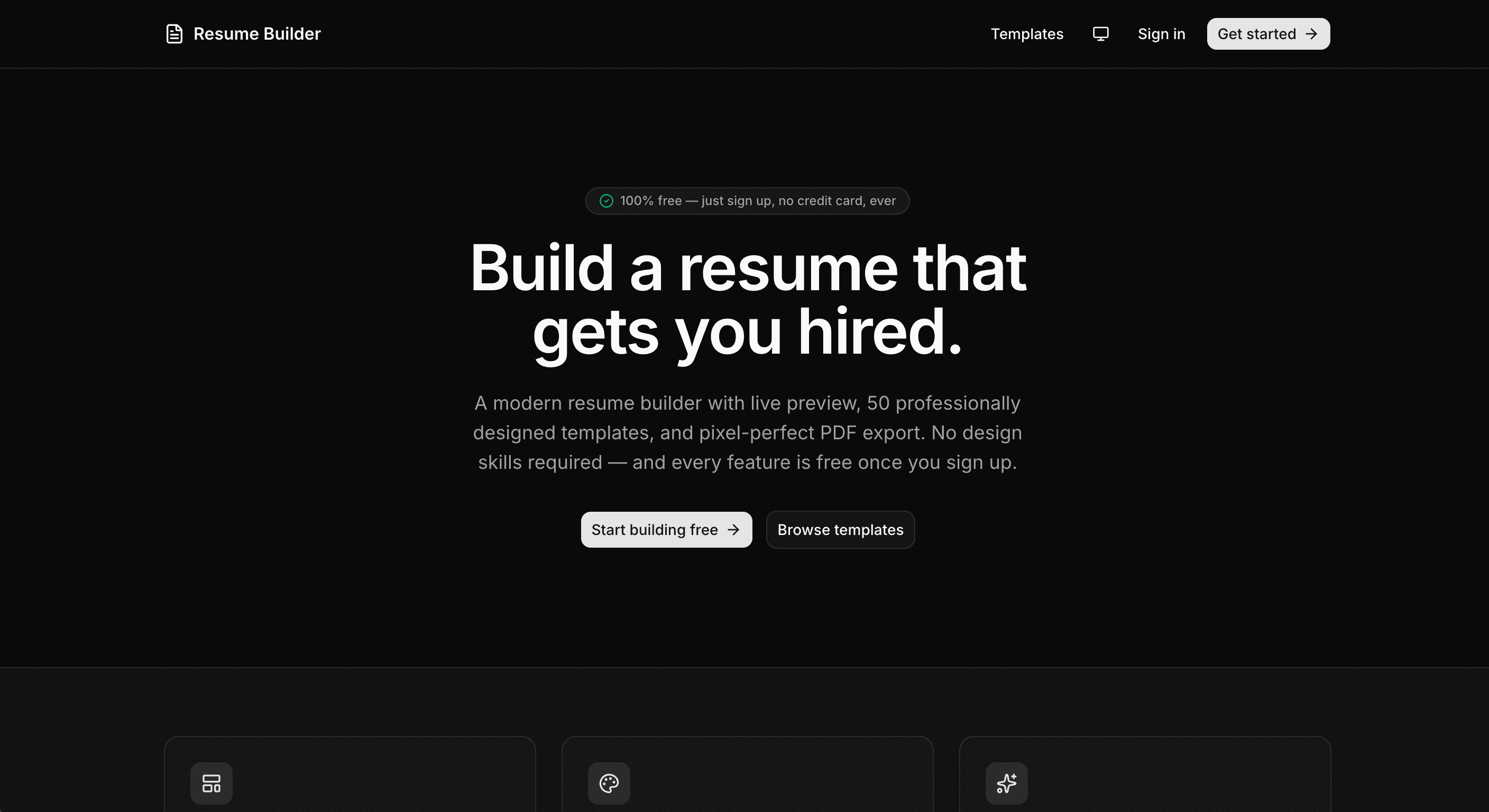 Resume Builder landing screen